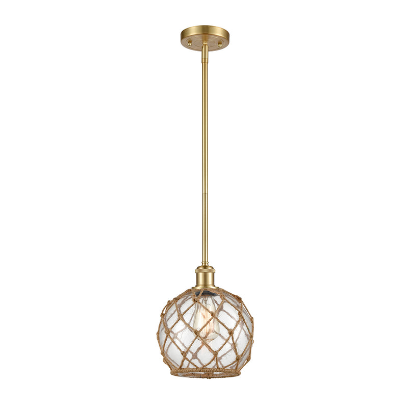 Farmhouse Rope Mini Pendant shown in the Satin Gold finish with a Clear Glass with Brown Rope shade