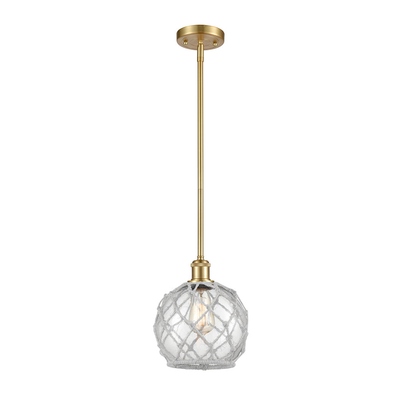 Farmhouse Rope Mini Pendant shown in the Satin Gold finish with a Clear Glass with White Rope shade