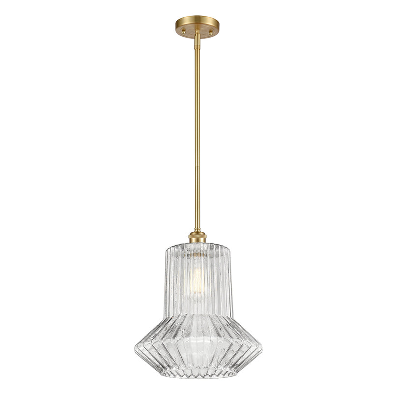 Springwater Mini Pendant shown in the Satin Gold finish with a Clear Spiral Fluted shade