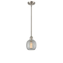 Belfast Mini Pendant shown in the Brushed Satin Nickel finish with a Clear Crackle shade