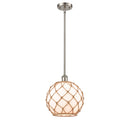 Farmhouse Rope Mini Pendant shown in the Brushed Satin Nickel finish with a White Glass with Brown Rope shade