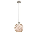 Farmhouse Rope Mini Pendant shown in the Brushed Satin Nickel finish with a White Glass with Brown Rope shade