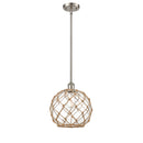 Farmhouse Rope Mini Pendant shown in the Brushed Satin Nickel finish with a Clear Glass with Brown Rope shade