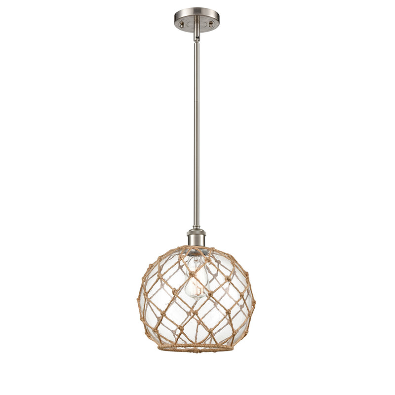 Farmhouse Rope Mini Pendant shown in the Brushed Satin Nickel finish with a Clear Glass with Brown Rope shade