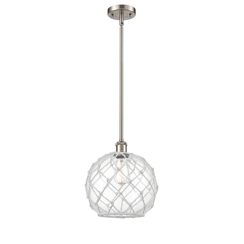 Farmhouse Rope Mini Pendant shown in the Brushed Satin Nickel finish with a Clear Glass with White Rope shade