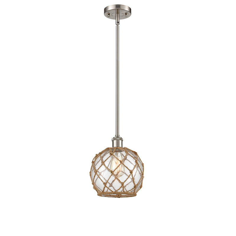 Farmhouse Rope Mini Pendant shown in the Brushed Satin Nickel finish with a Clear Glass with Brown Rope shade