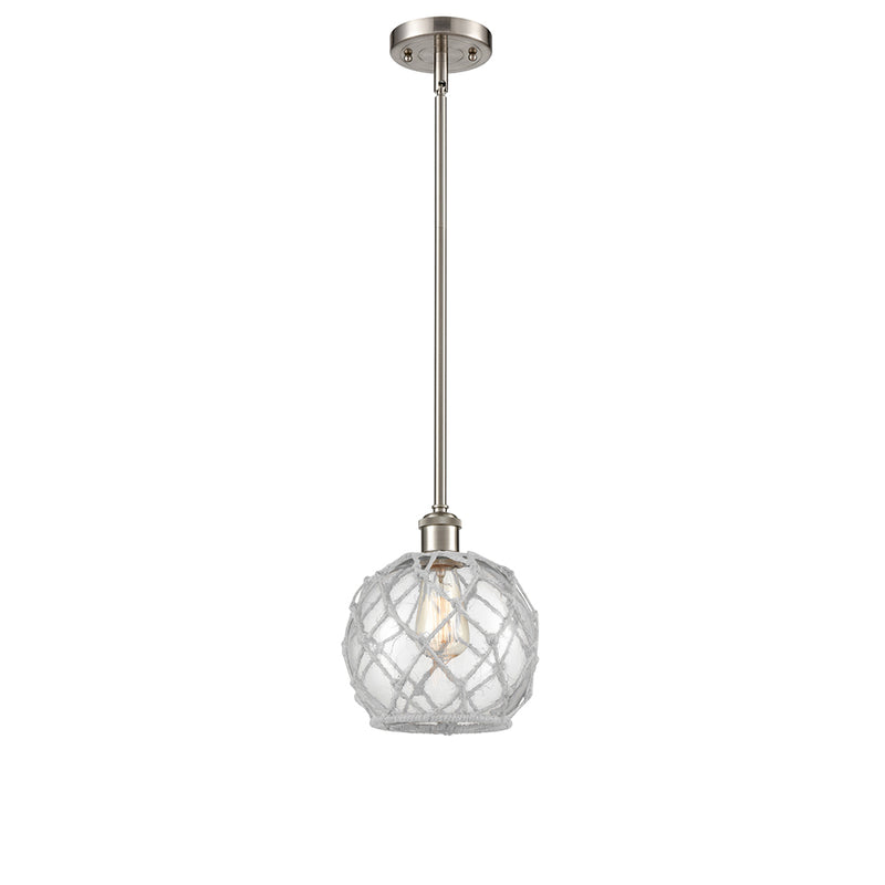 Farmhouse Rope Mini Pendant shown in the Brushed Satin Nickel finish with a Clear Glass with White Rope shade