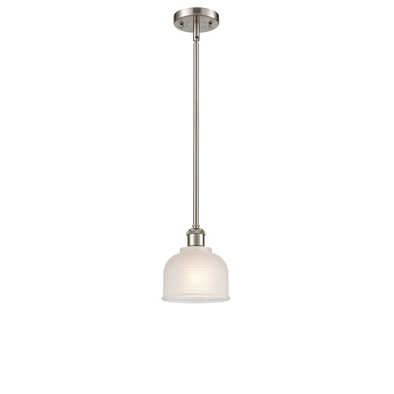 Dayton Mini Pendant shown in the Brushed Satin Nickel finish with a White shade