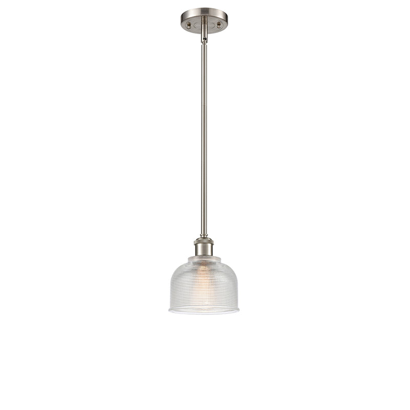 Dayton Mini Pendant shown in the Brushed Satin Nickel finish with a Clear shade