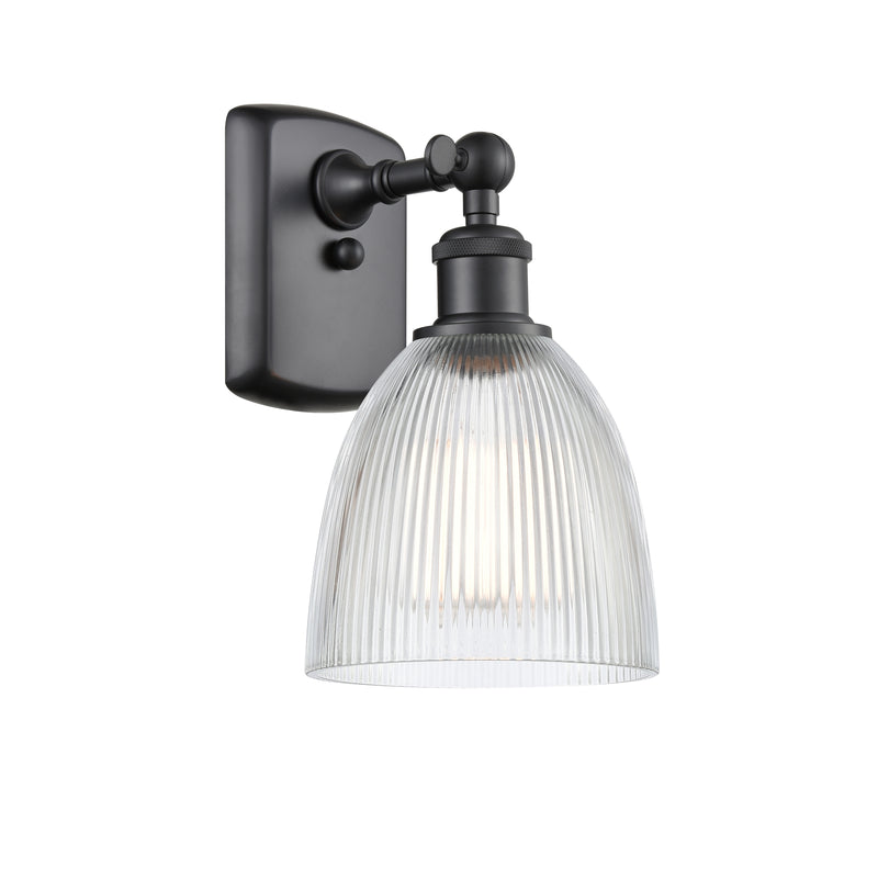 Castile Sconce shown in the Matte Black finish with a Clear shade