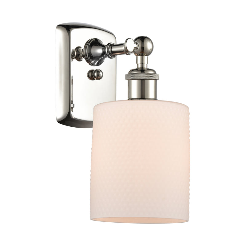 Cobbleskill Sconce shown in the Polished Nickel finish with a Matte White shade