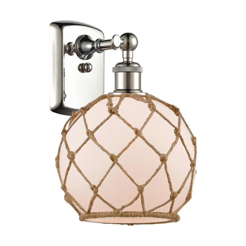 Farmhouse Rope Sconce shown in the Polished Nickel finish with a White Glass with Brown Rope shade