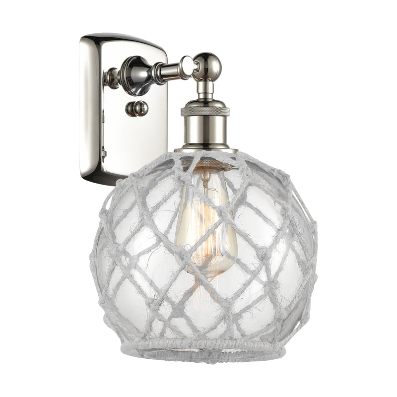 Farmhouse Rope Sconce shown in the Polished Nickel finish with a Clear Glass with White Rope shade