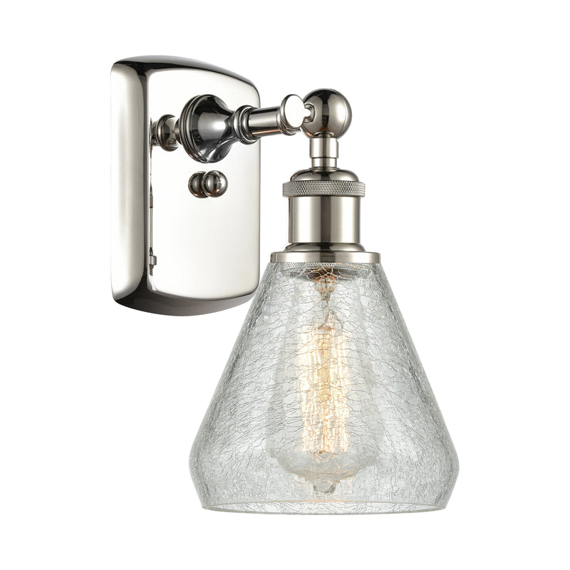 Conesus Sconce shown in the Polished Nickel finish with a Clear Crackle shade