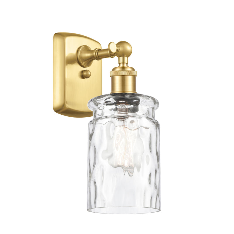 Candor Sconce shown in the Satin Gold finish with a Clear Waterglass shade