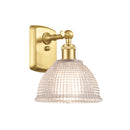 Arietta Sconce shown in the Satin Gold finish with a Clear shade