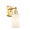 Clymer Sconce shown in the Satin Gold finish with a Matte White shade