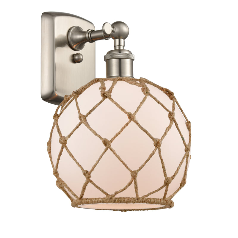 Farmhouse Rope Sconce shown in the Brushed Satin Nickel finish with a White Glass with Brown Rope shade