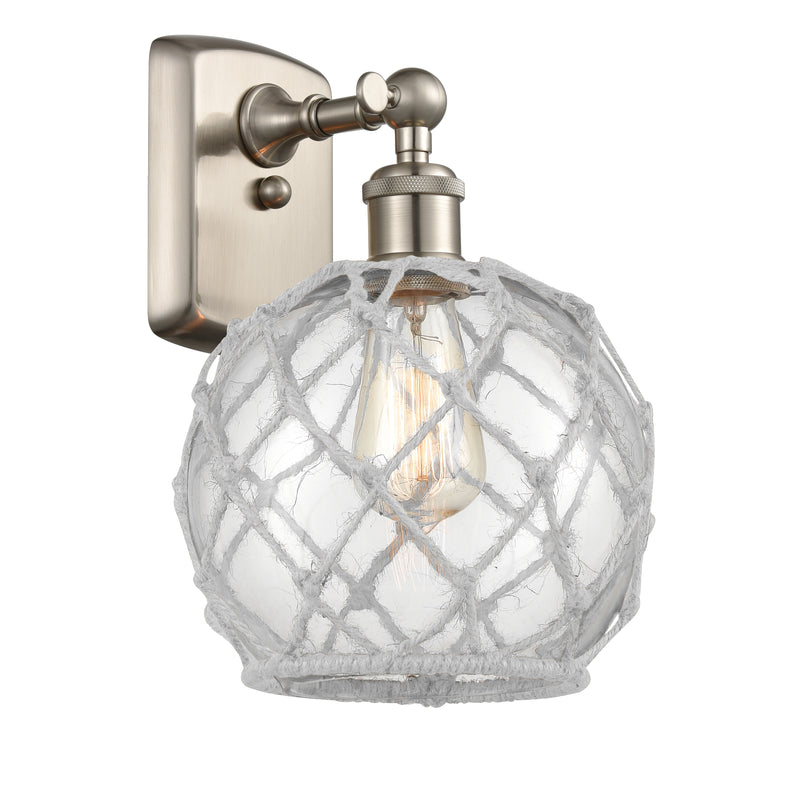 Farmhouse Rope Sconce shown in the Brushed Satin Nickel finish with a Clear Glass with White Rope shade