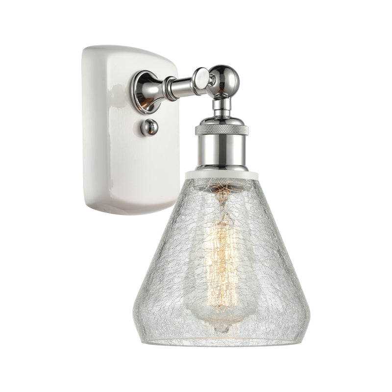 Conesus Sconce shown in the White and Polished Chrome finish with a Clear Crackle shade