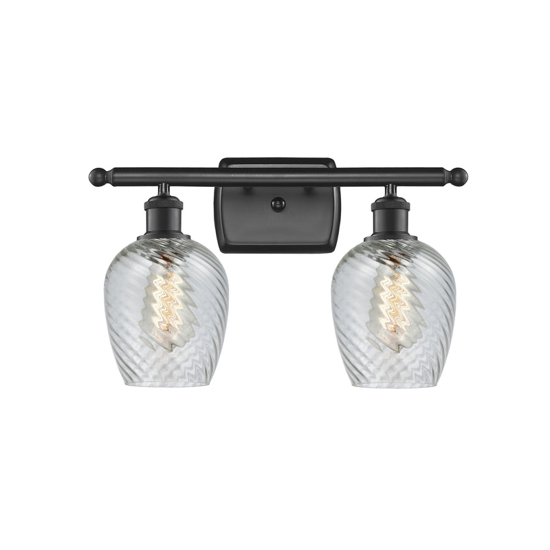 Salina Bath Vanity Light shown in the Matte Black finish with a Clear Spiral Fluted shade