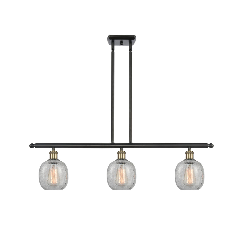 Belfast Island Light shown in the Black Antique Brass finish with a Clear Crackle shade