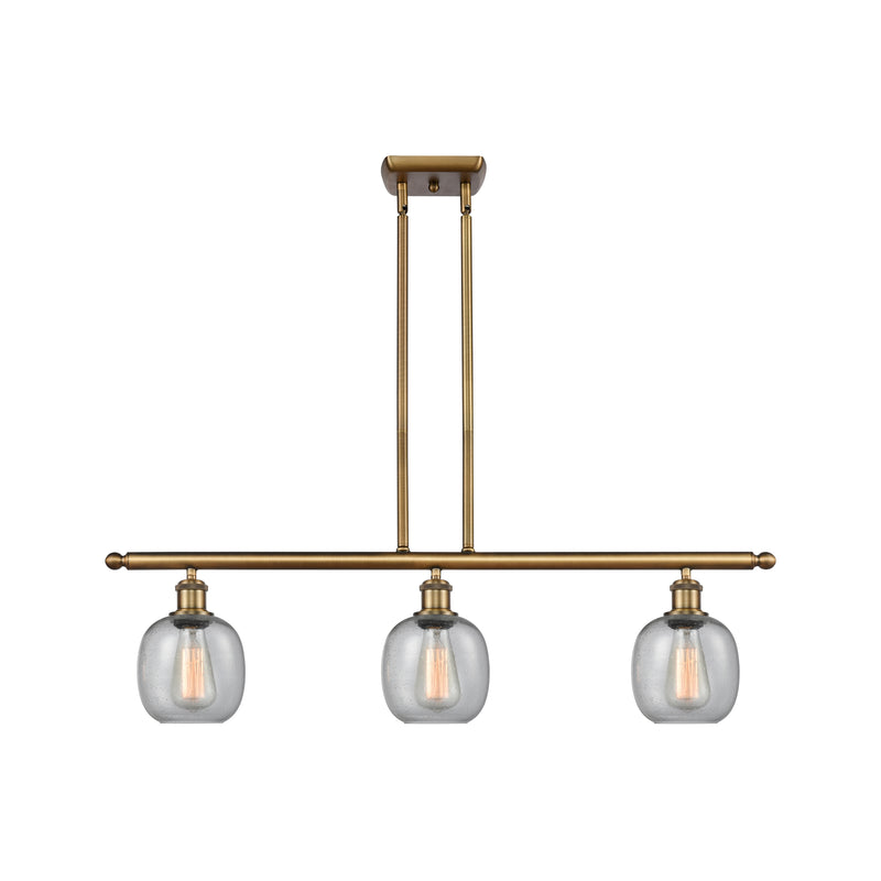 Belfast Island Light shown in the Brushed Brass finish with a Seedy shade