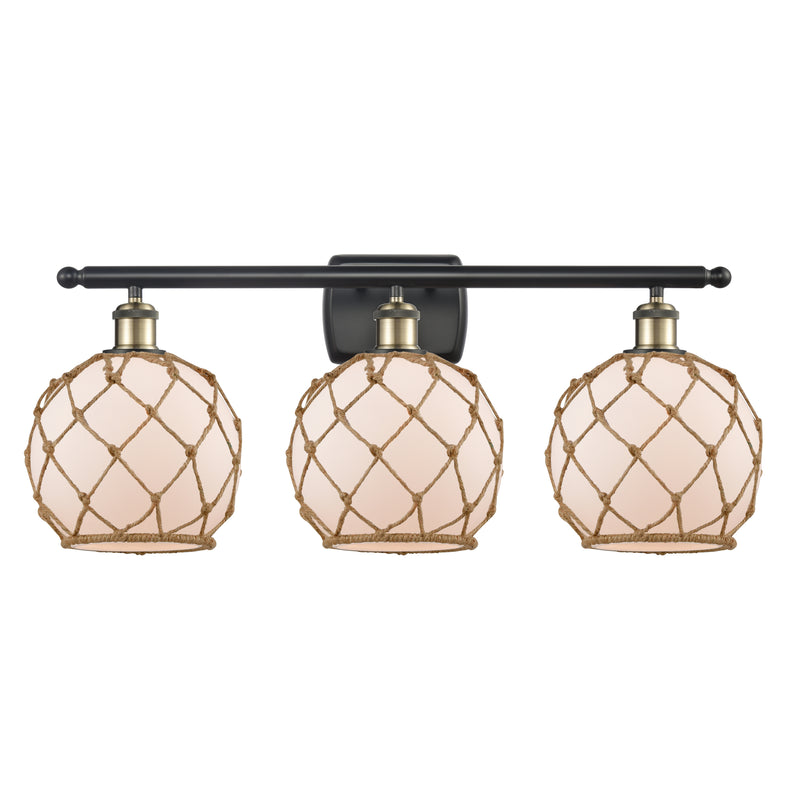 Farmhouse Rope Bath Vanity Light shown in the Black Antique Brass finish with a White Glass with Brown Rope shade