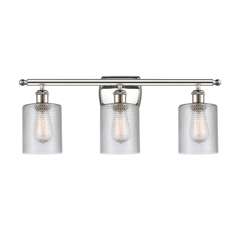 Cobbleskill Bath Vanity Light shown in the Polished Nickel finish with a Clear shade