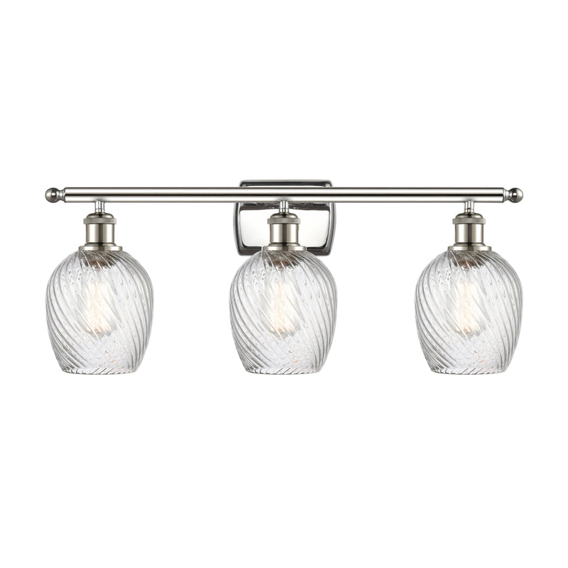 Salina Bath Vanity Light shown in the Polished Nickel finish with a Clear Spiral Fluted shade