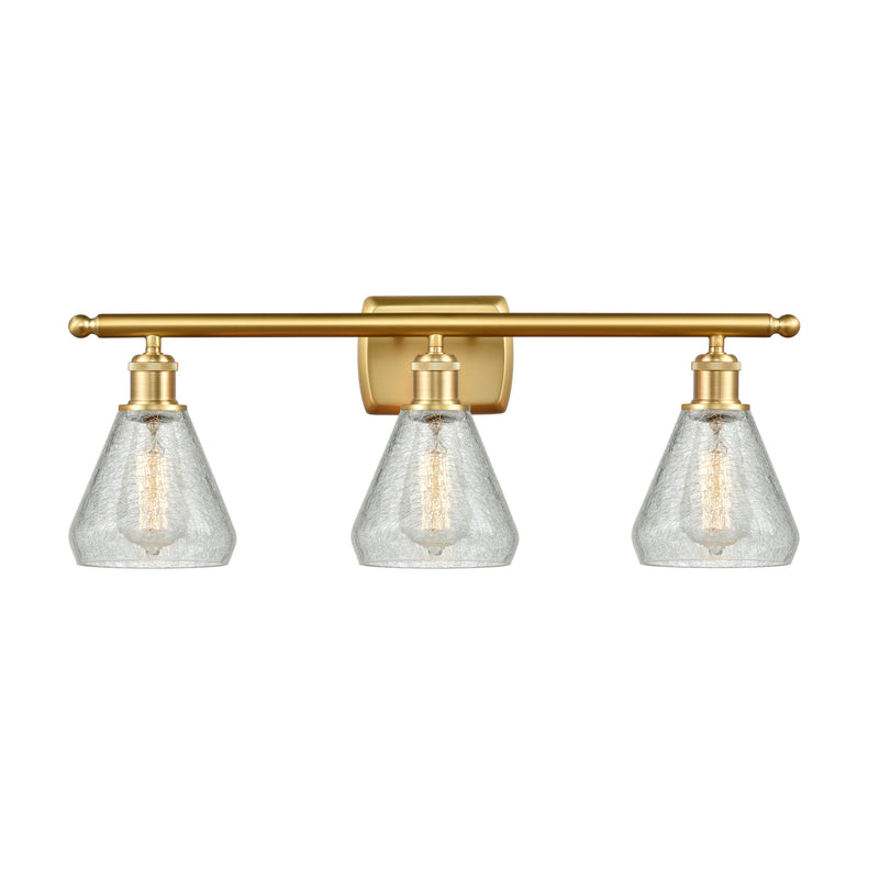 Conesus Bath Vanity Light shown in the Satin Gold finish with a Clear Crackle shade