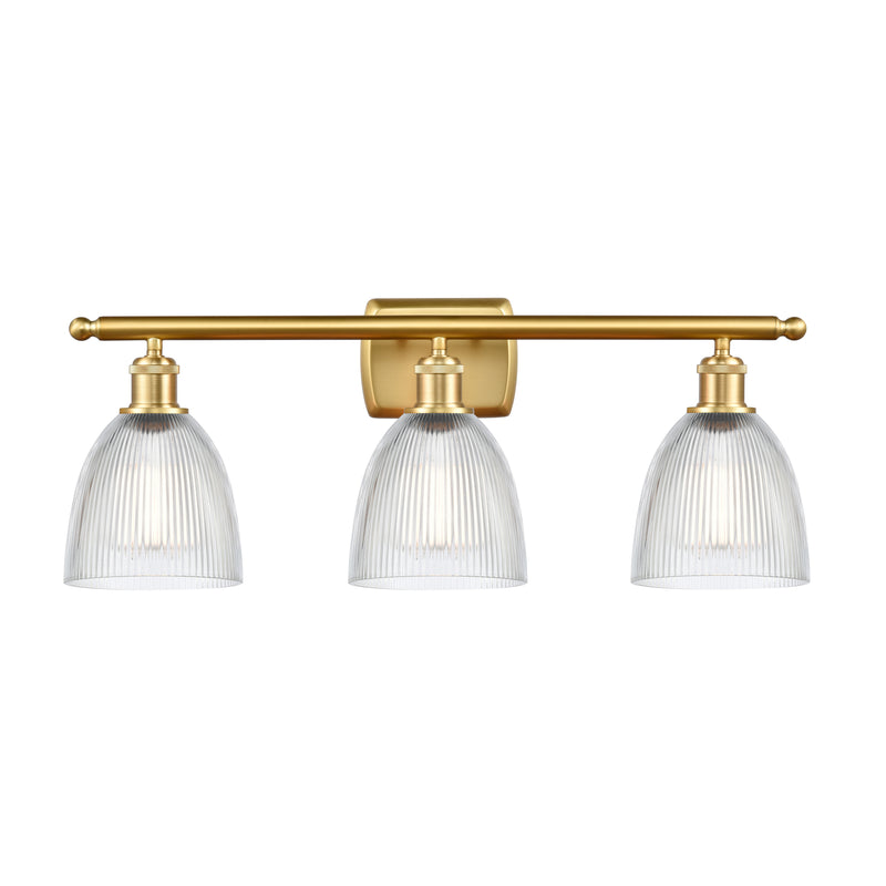 Castile Bath Vanity Light shown in the Satin Gold finish with a Clear shade