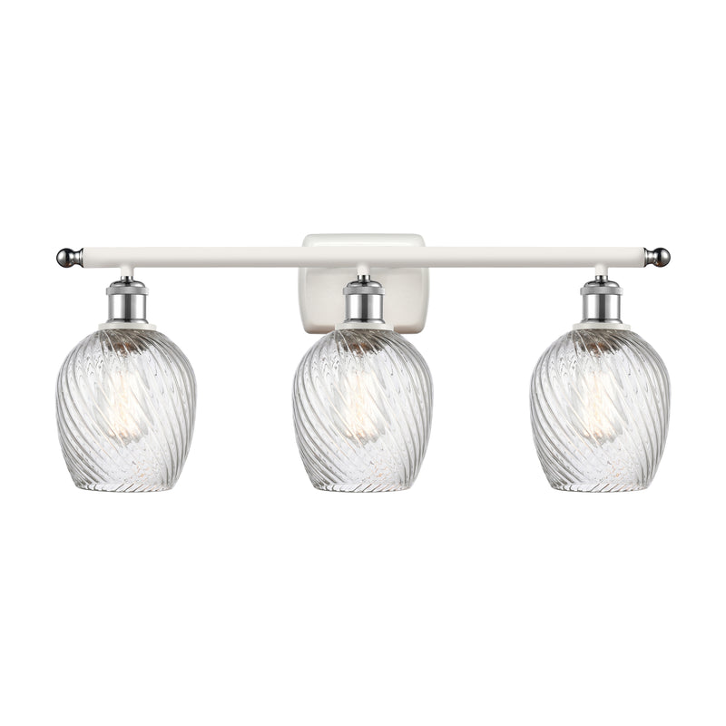 Salina Bath Vanity Light shown in the White and Polished Chrome finish with a Clear Spiral Fluted shade