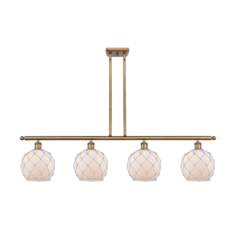 Farmhouse Rope Island Light shown in the Brushed Brass finish with a White Glass with White Rope shade