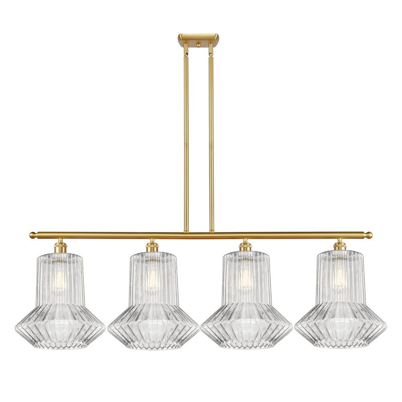 Springwater Island Light shown in the Satin Gold finish with a Clear Spiral Fluted shade