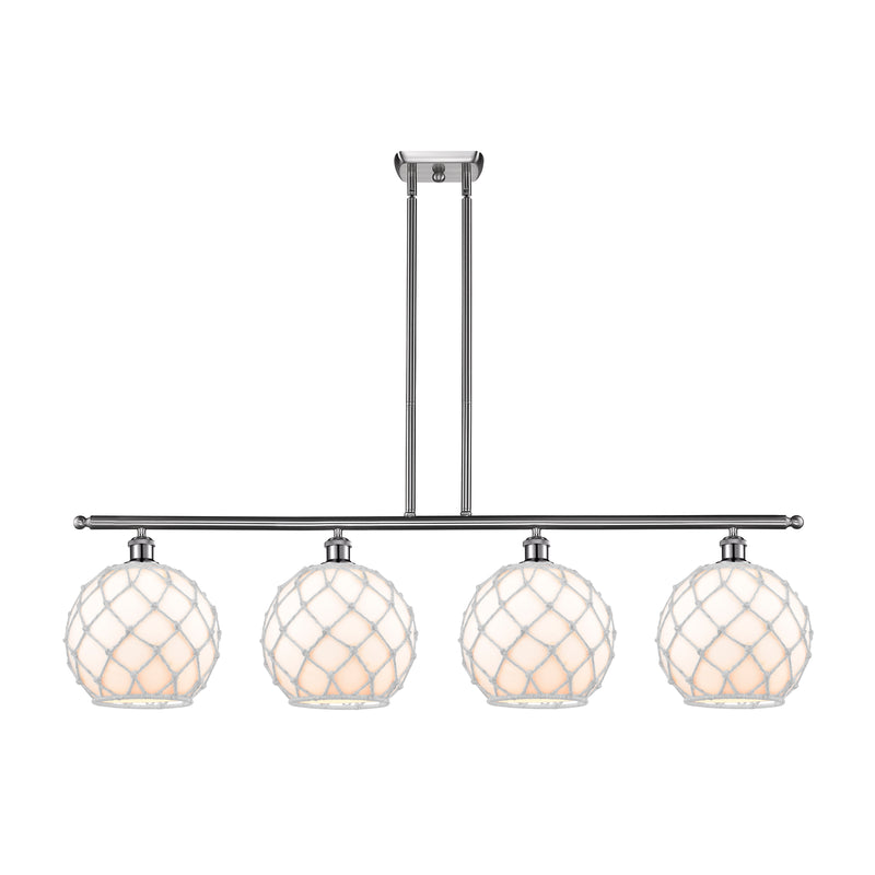 Farmhouse Rope Island Light shown in the Brushed Satin Nickel finish with a White Glass with White Rope shade