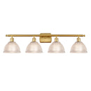 Arietta Bath Vanity Light shown in the Satin Gold finish with a Clear shade