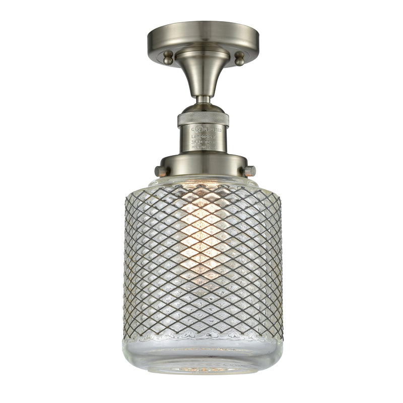 Stanton Semi-Flush Mount shown in the Brushed Satin Nickel finish with a Clear Wire Mesh shade