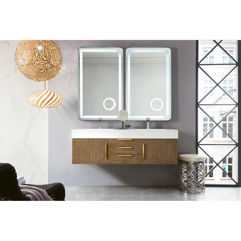 James Martin Mercer Island 59" Double Vanity Latte Oak Radiant Gold with Glossy White Composite Top 389-V59D-LTO-G-GW