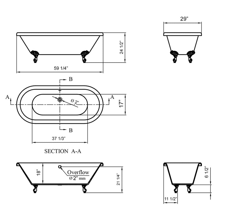 Cambridge Plumbing Acrylic Double Ended Clawfoot Bathtub 60" x 30" No Drillings PC Feet