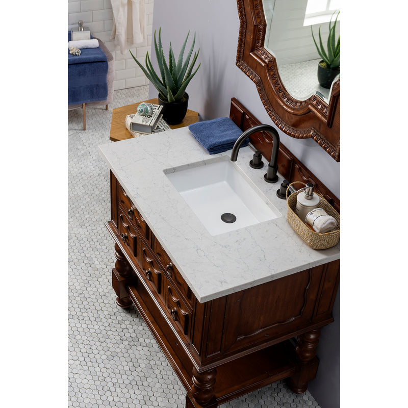 James Martin Castilian 36" Single Vanity Cabinet Aged Cognac with 3 cm Eternal Jasmine Pearl Quartz Top 160-V36-ACG-3EJP