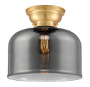 Bell Flush Mount shown in the Satin Gold finish with a Plated Smoke shade