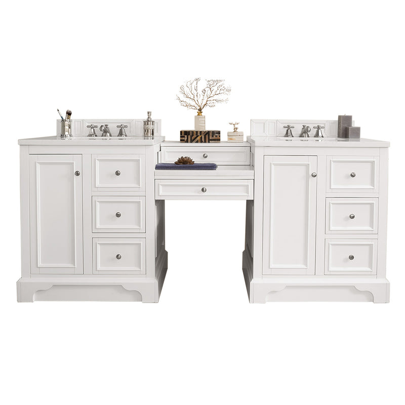 James Martin De Soto 82" Double Vanity Set Bright White with Makeup Table 3 cm Classic White Quartz Top 825-V82-BW-DU-CLW