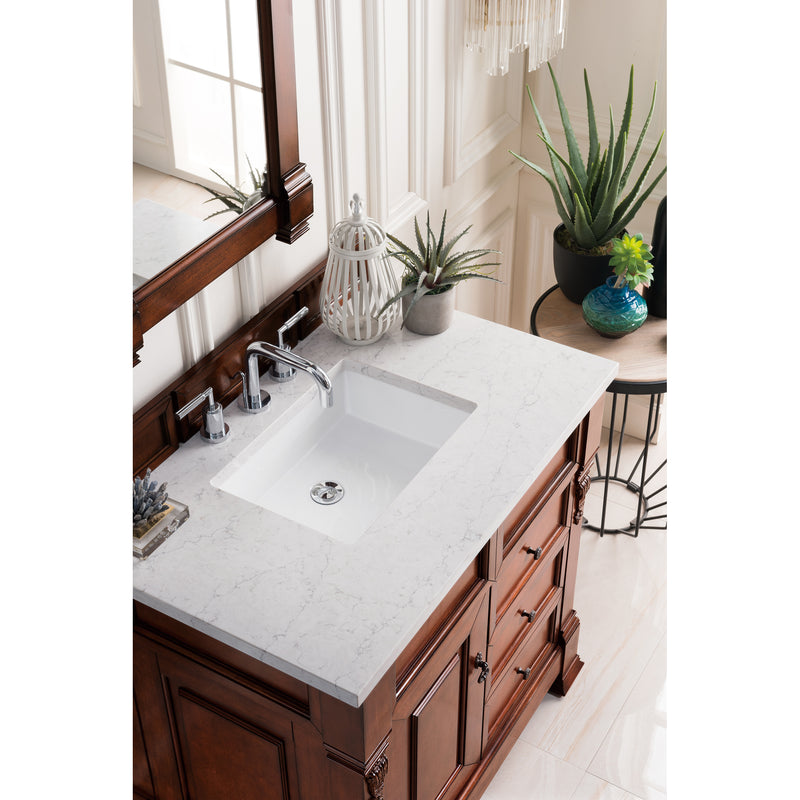 James Martin Brookfield 36" Warm Cherry Single Vanity with 3 cm Eternal Jasmine Pearl Quartz Top 147-114-5586-3EJP