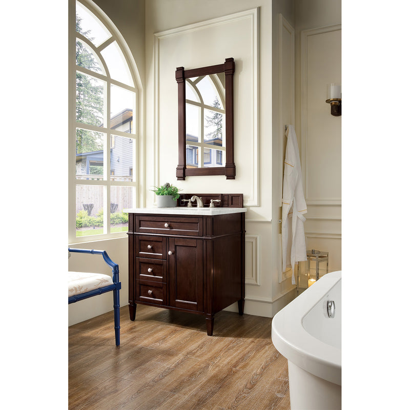 James Martin Brittany 30" Single Vanity Burnished Mahogany with 3 cm Carrara Marble Top 650-V30-BNM-3CAR