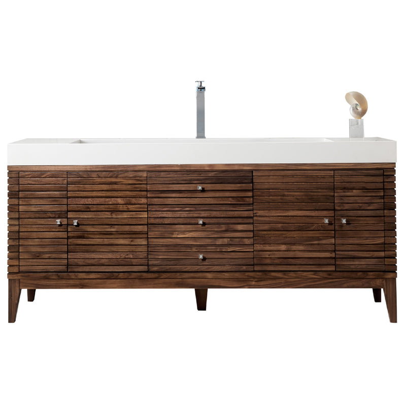 James Martin Linear 72" Single Vanity Mid Century Walnut with Glossy White Composite Top 210-V72S-WLT-GW