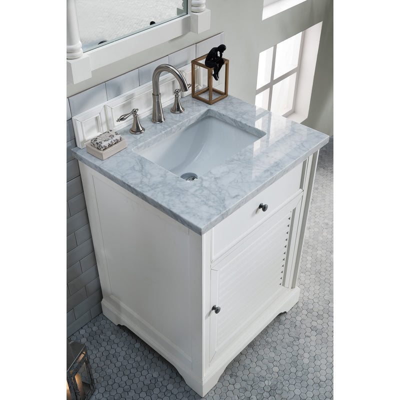 James Martin Savannah 26" Bright White Single Vanity with 3 cm Carrara Marble Top 238-104-V26-BW-3CAR