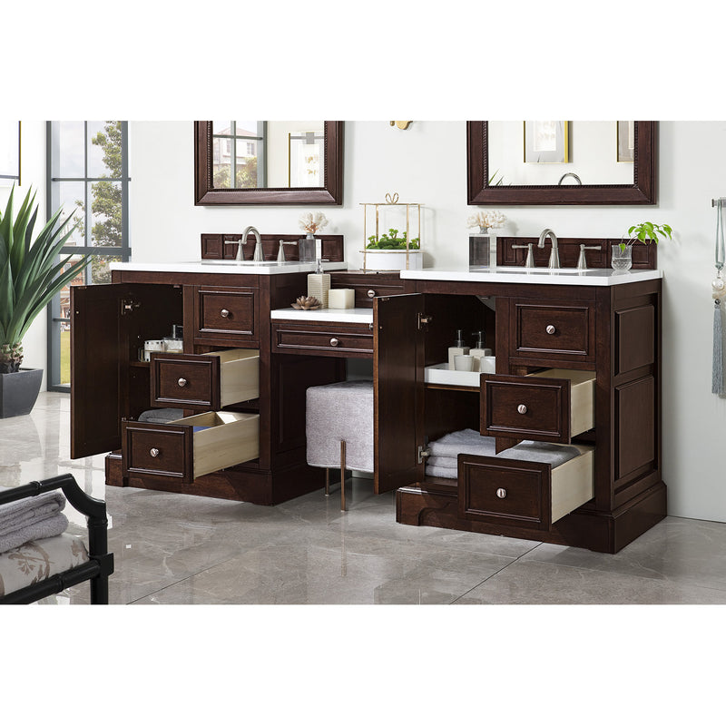 James Martin De Soto 82" Double Vanity Set Burnished Mahogany with Makeup Table 3 cm Arctic Fall Solid Surface Top 825-V82-BNM-DU-AF