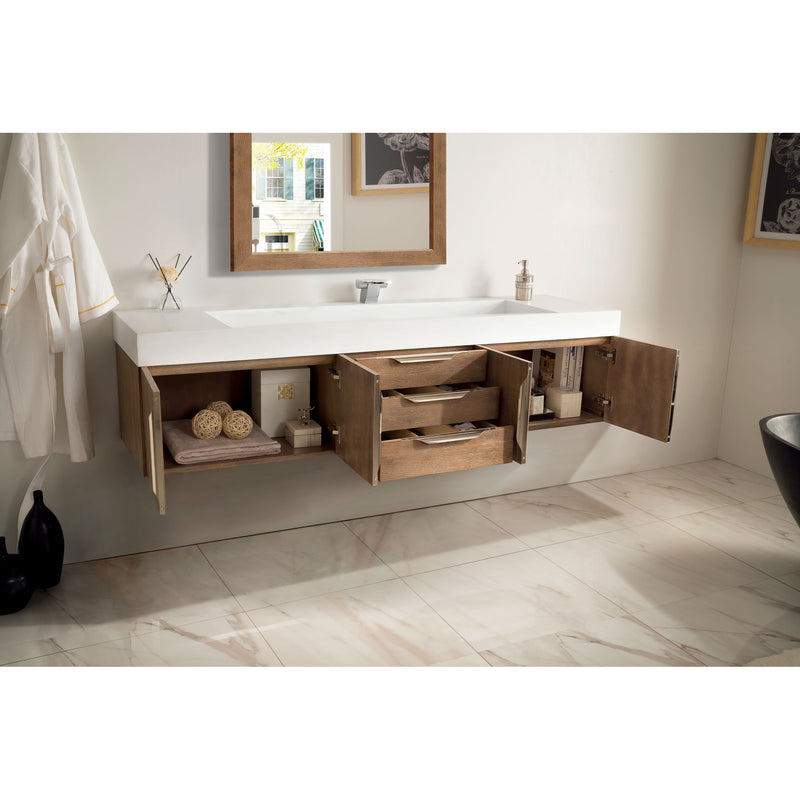 James Martin Mercer Island 72" Single Vanity Latte Oak with Glossy White Composite Top 389-V72S-LTO-A-GW