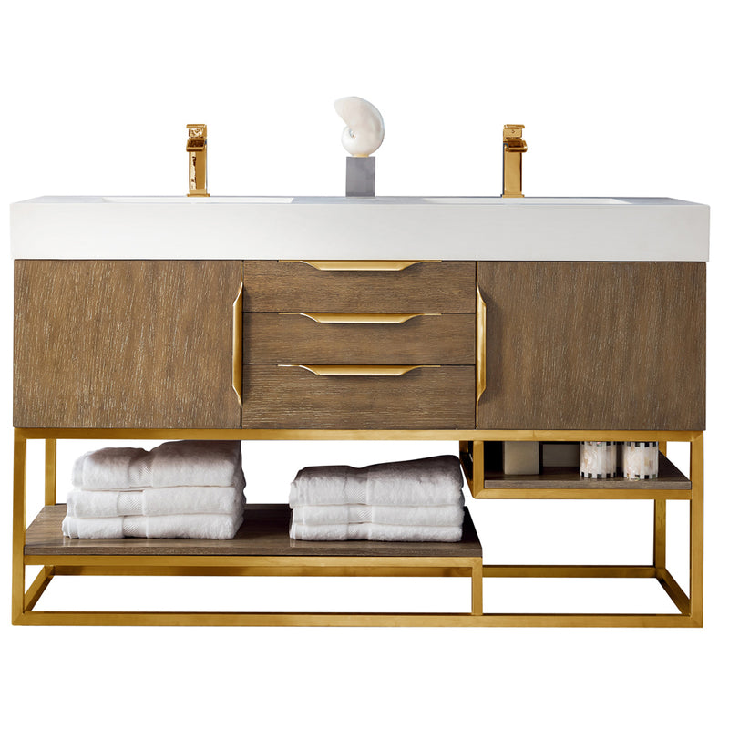 James Martin Columbia 59" Double Vanity Latte Oak Radiant Gold with Glossy White Composite Top 388-V59D-LTO-RG-GW